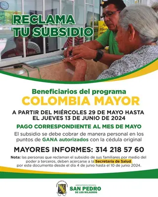 Beneficiario del programa Colombia Mayor reclama tu subsidio correspondiente al mes de mayo de 2024