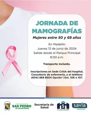  Atención usuarias de Savia Salud entre 50 y 69 años de edad, tenemos una nueva Jornada de Mamografías en Medellín con transporte incluido