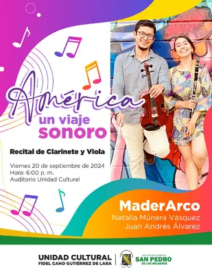 Prepárate para un recital inolvidable con clarinete y viola que te llevará por un viaje musical a través de los paisajes y la diversidad cultural de nuestro continente