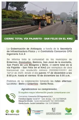 Cierre total de la vía Pajarito-San Felix en el Kilómetro 2